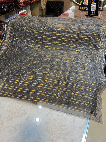 Festive 3Pc Unstitched Zari Measuri Net Outfit with Silk Bottoms