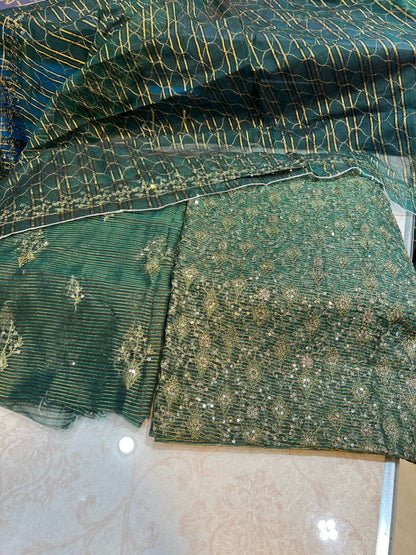 Exclusive 3 Piece Unstitched Zari Measuri Cotton Net Ensemble