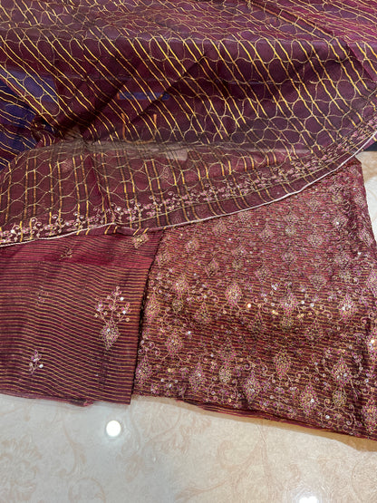 Embroidered Style Unstitched Zari Cotton Net 3 Piece with Plain Silk Trouser
