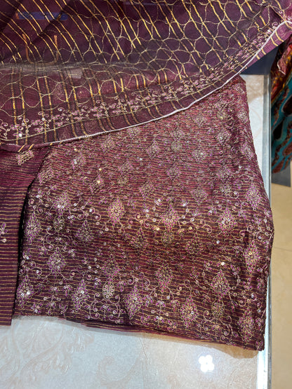 Embroidered Style Unstitched Zari Cotton Net 3 Piece with Plain Silk Trouser