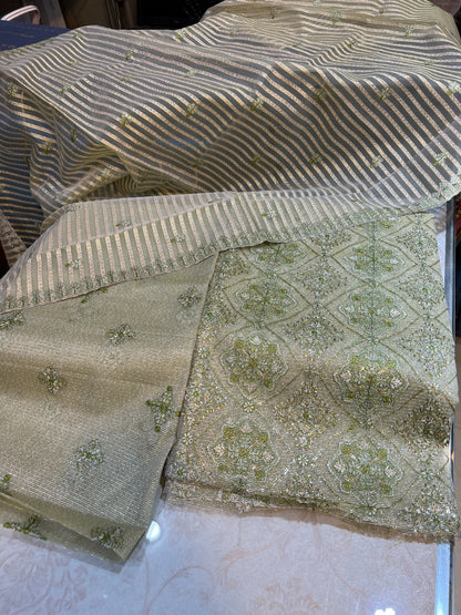 Traditional 3 Piece Unstitched Zari Cotton Net Suit with Silk Bottoms