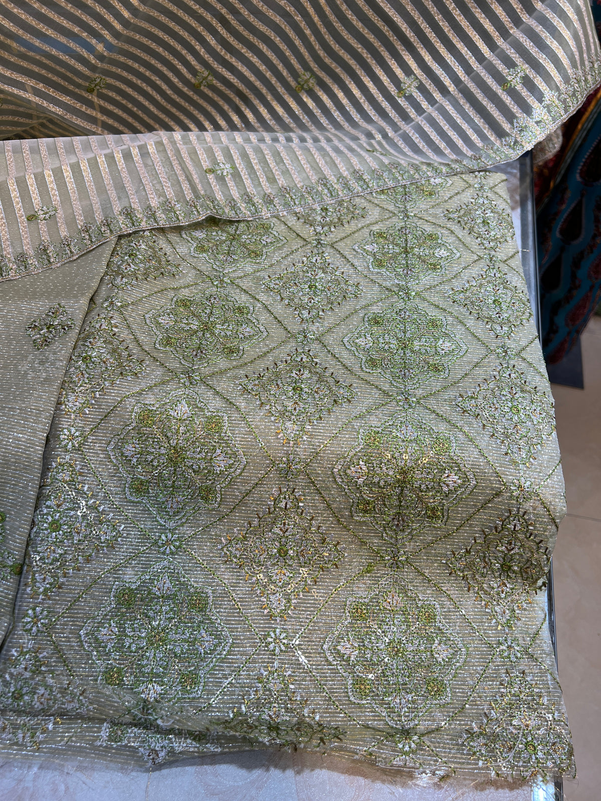 Traditional 3 Piece Unstitched Zari Cotton Net Suit with Silk Bottoms
