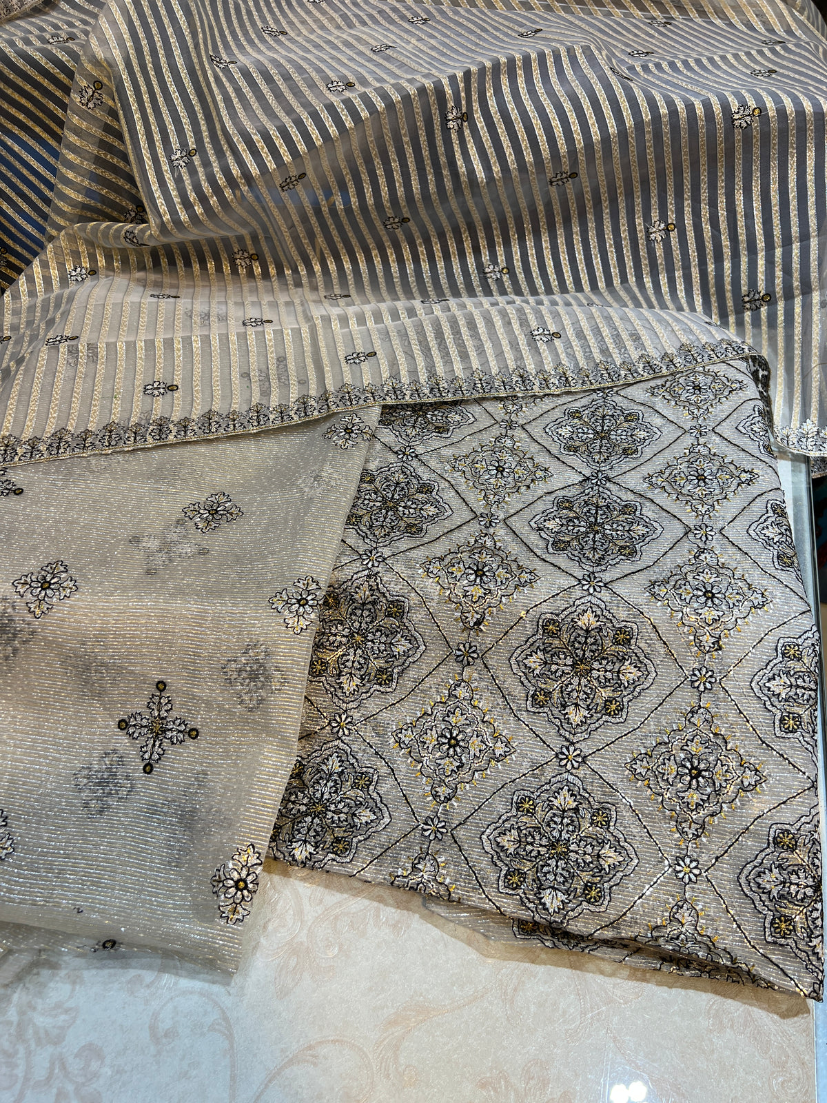 Luxury Unstitched Zari Cotton Net 3 Piece Suit | Plain Silk Trouser