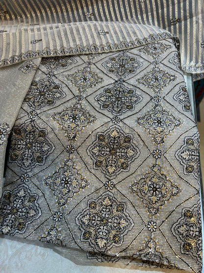 Luxury Unstitched Zari Cotton Net 3 Piece Suit | Plain Silk Trouser