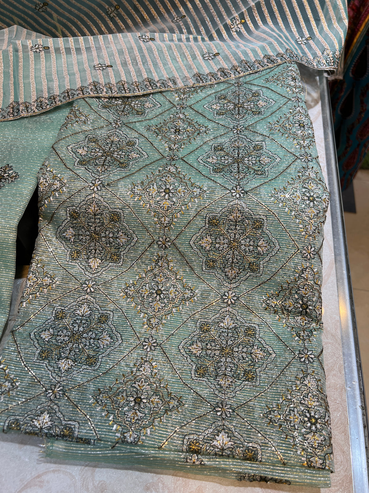 Zari Measuri Cotton Net Unstitched 3-Piece Outfit with Silk Trouser