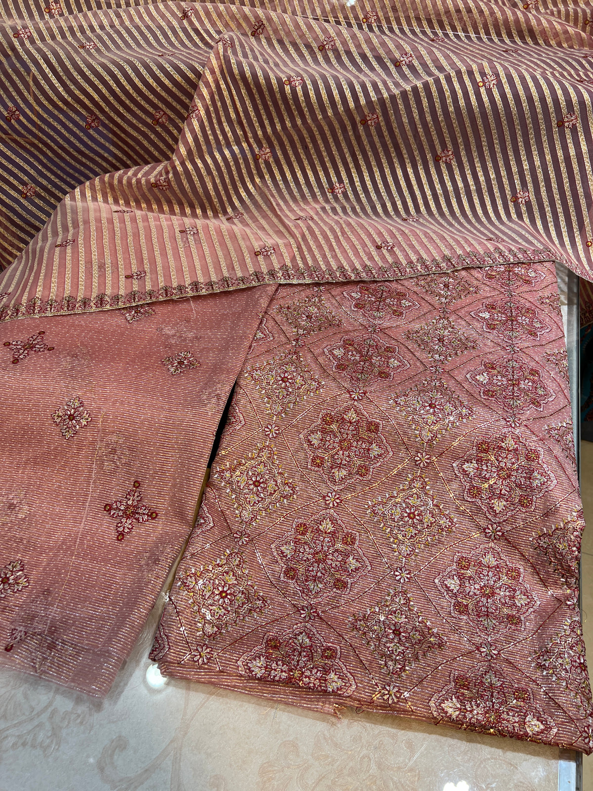 Unstitched 3 Piece Zari Cotton Net Dress with Silk Trouser
