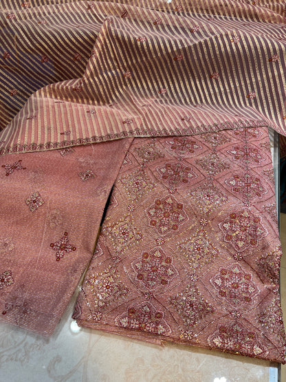 Unstitched 3 Piece Zari Cotton Net Dress with Silk Trouser