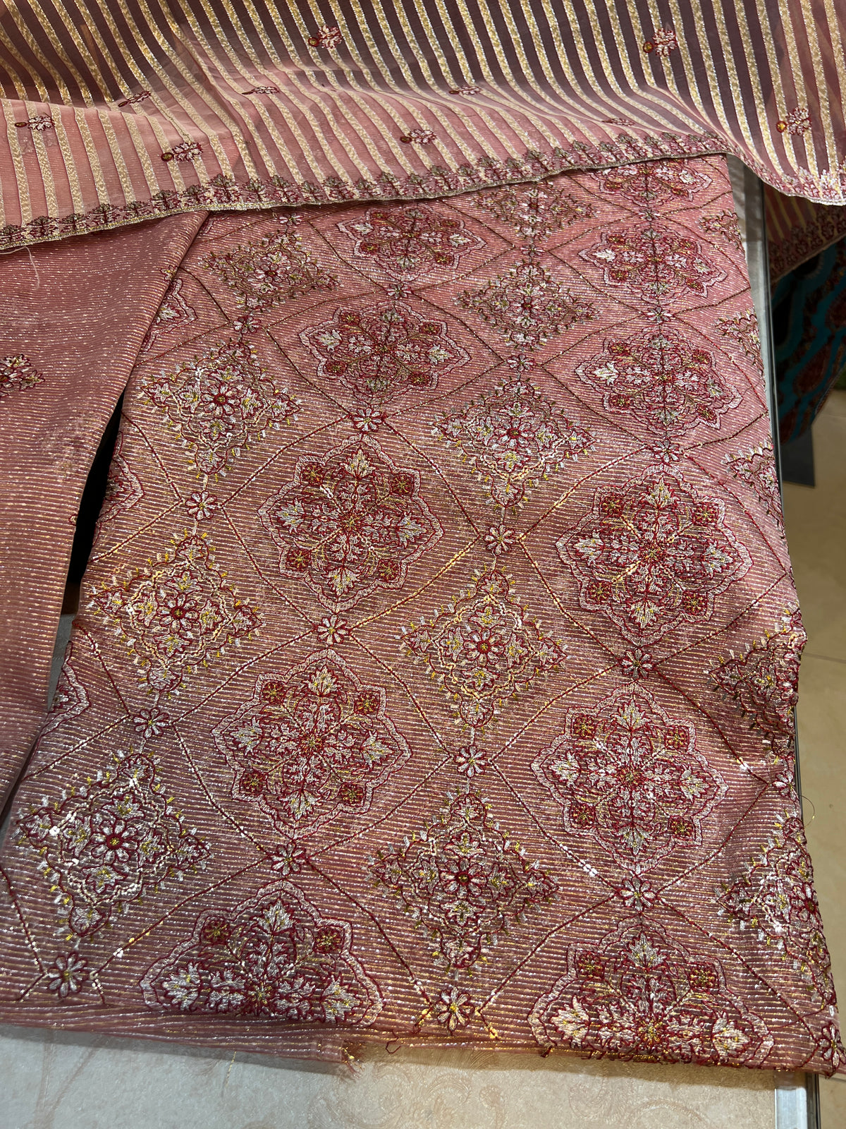 Unstitched 3 Piece Zari Cotton Net Dress with Silk Trouser