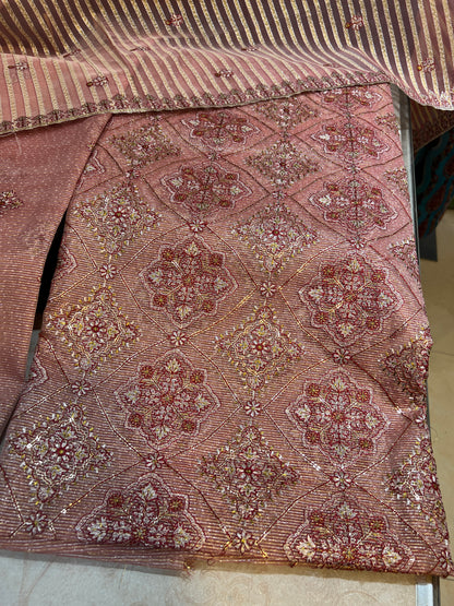 Unstitched 3 Piece Zari Cotton Net Dress with Silk Trouser
