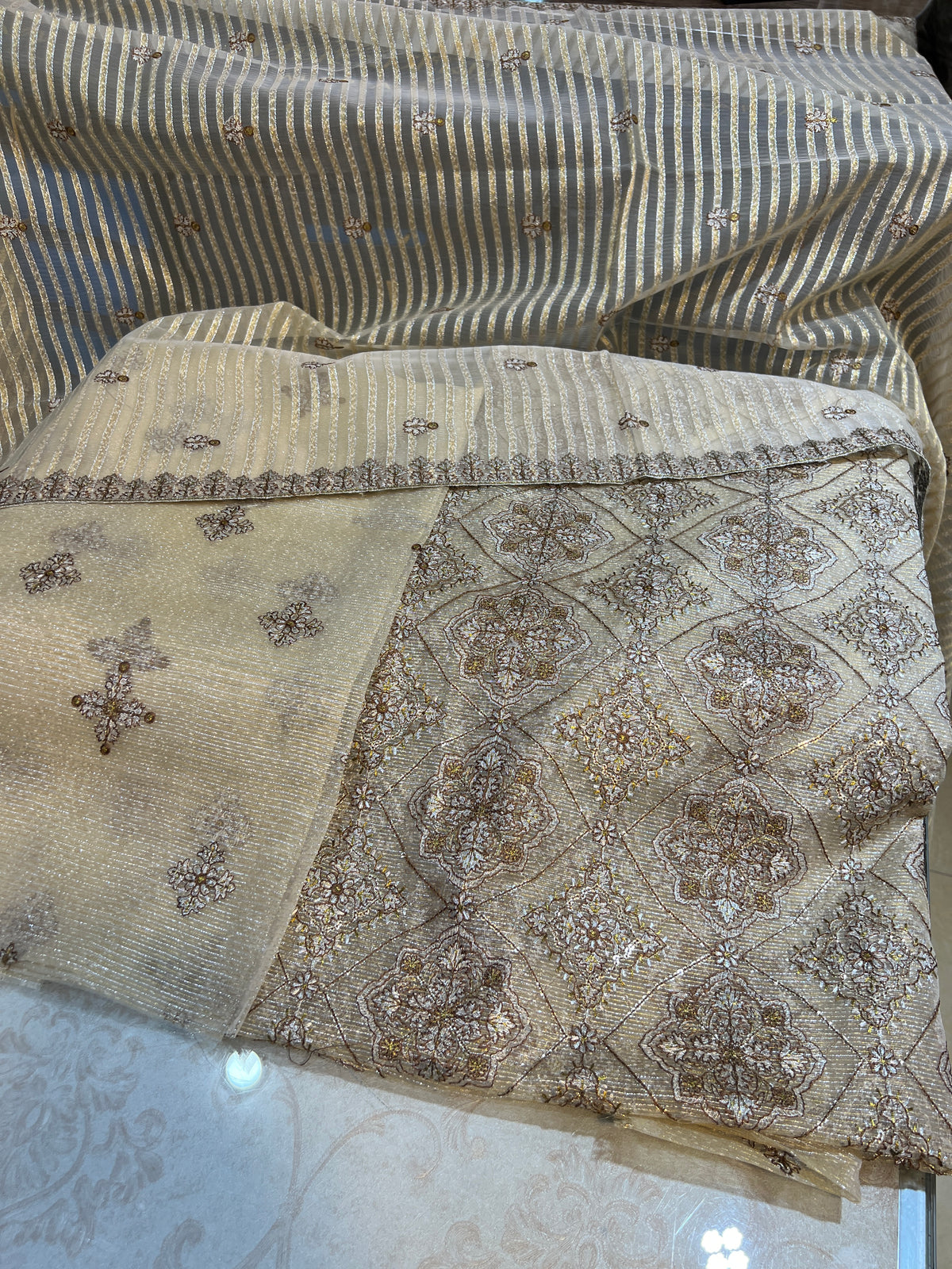 3 Piece Unstitched Zari Measuri Cotton Net Suit with Plain Silk Trouser