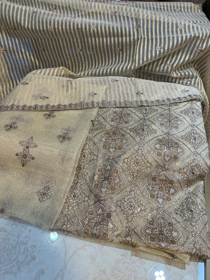 3 Piece Unstitched Zari Measuri Cotton Net Suit with Plain Silk Trouser