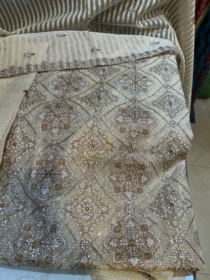 3 Piece Unstitched Zari Measuri Cotton Net Suit with Plain Silk Trouser