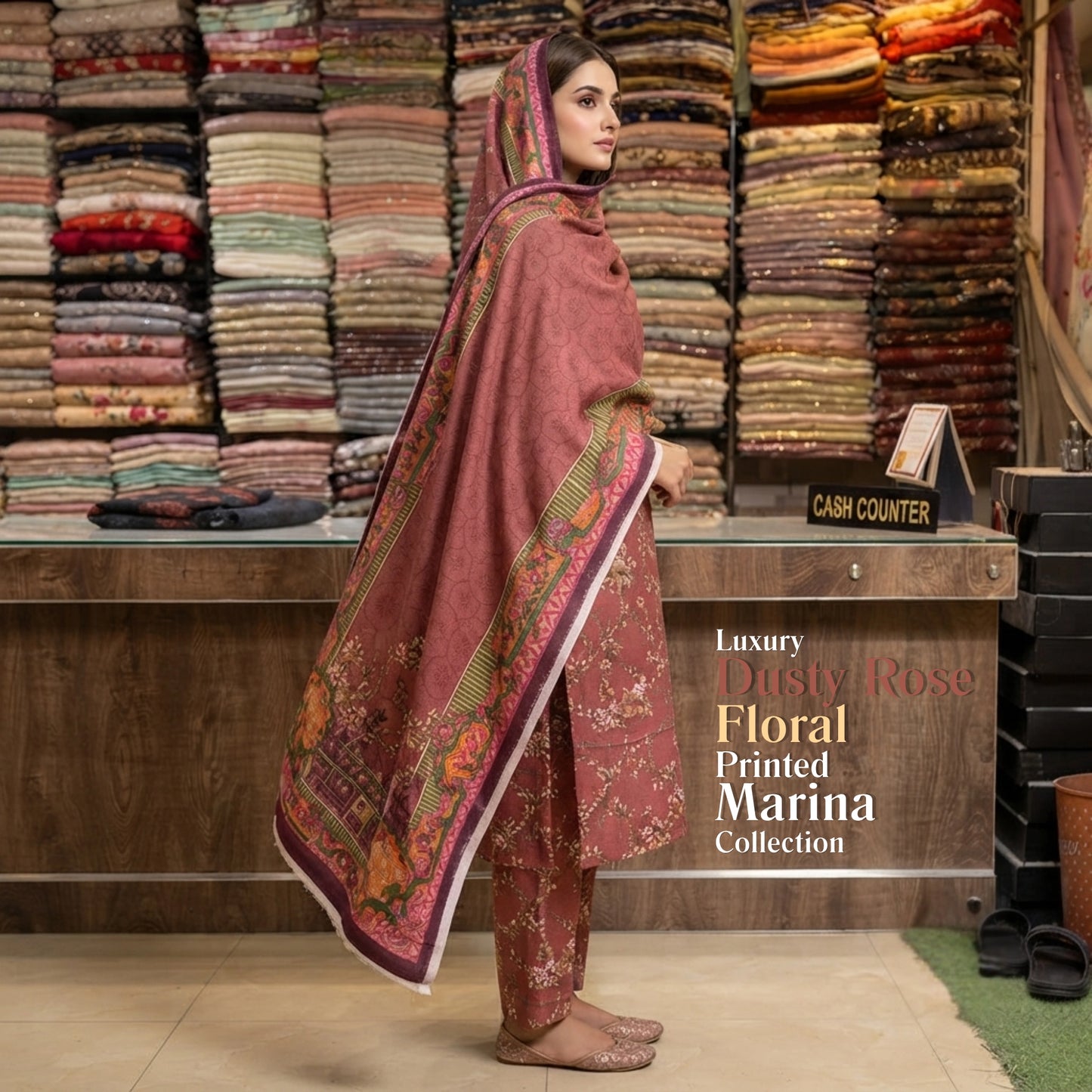 Dusty Rose Floral Printed Marina 3 Piece Unstitched Suit