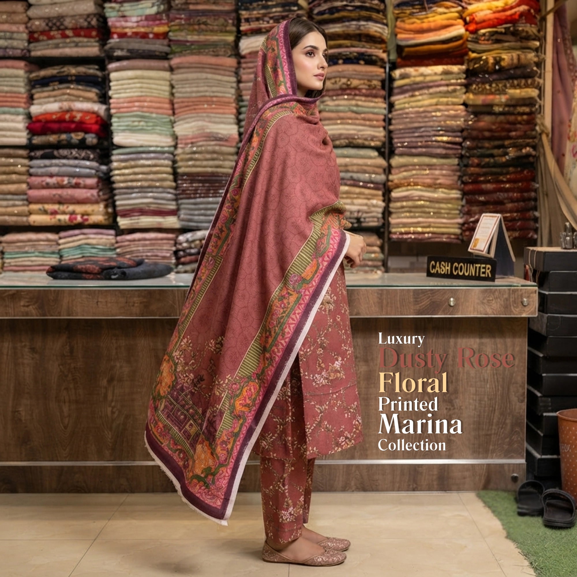 Dusty Rose Floral Printed Marina 3 Piece Unstitched Suit