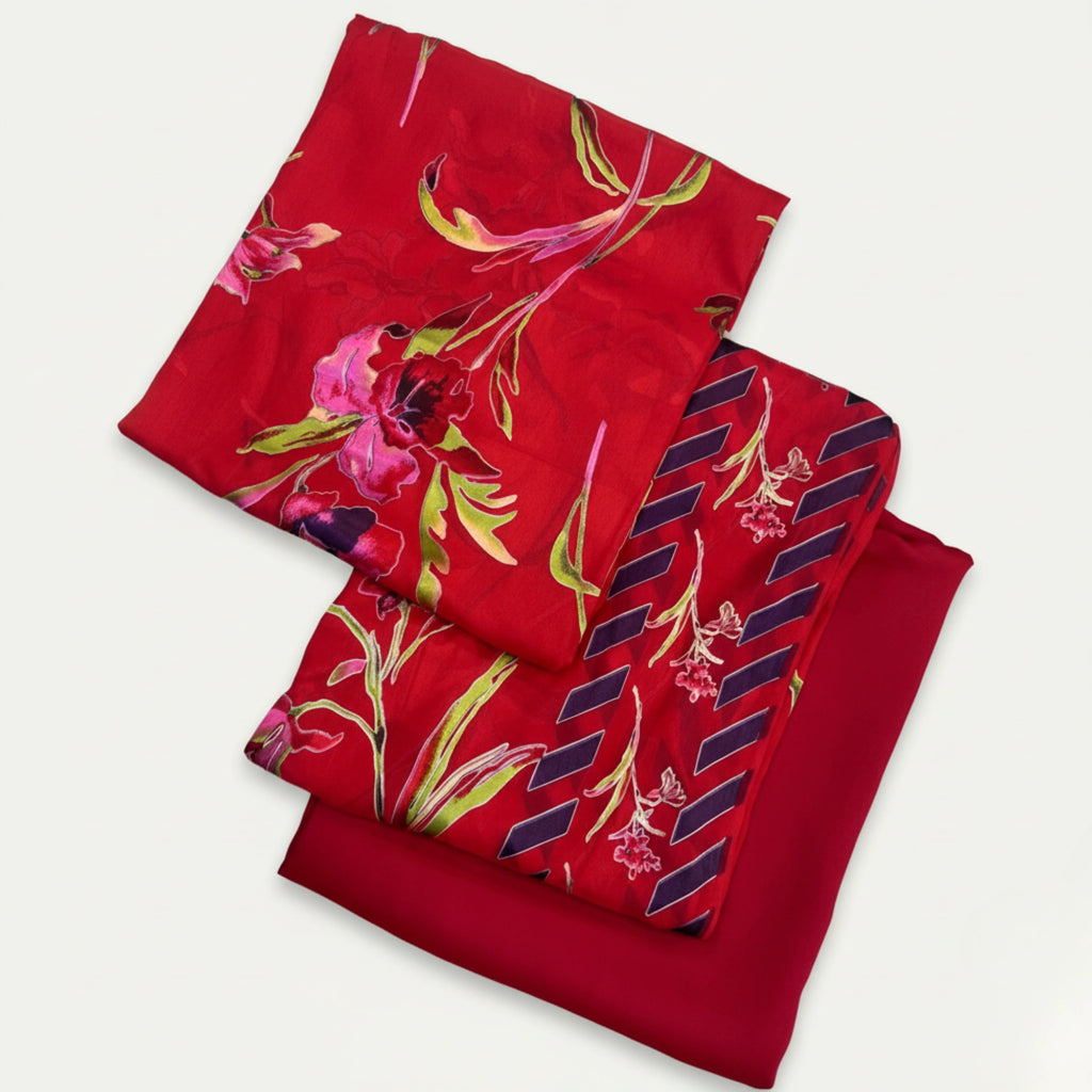 Red Barosha Silk 3 Piece Unstitched Suit Pakistan
