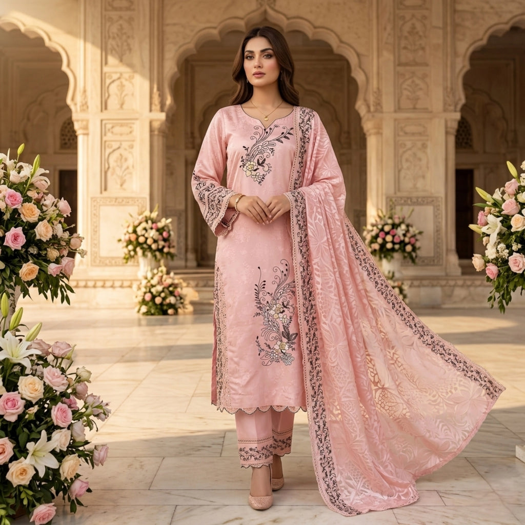 Blush Pink Embroidered Ambose Silk 3 Piece Unstitched Suit