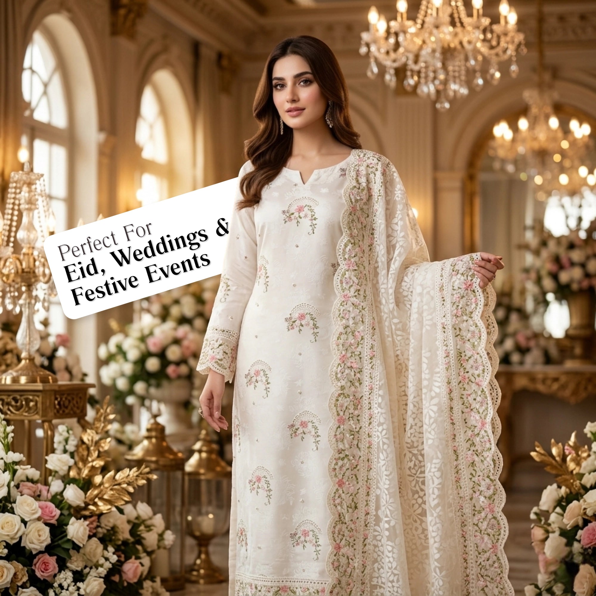 White Embroidered Ambose Silk Suit | 3 Piece Unstitched