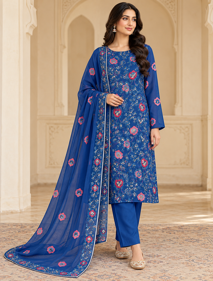 Royal Blue Floral Embroidered Chiffon 3 Piece Unstitched Suit