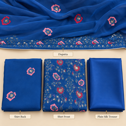 Royal Blue Floral Embroidered Chiffon 3 Piece Unstitched Suit