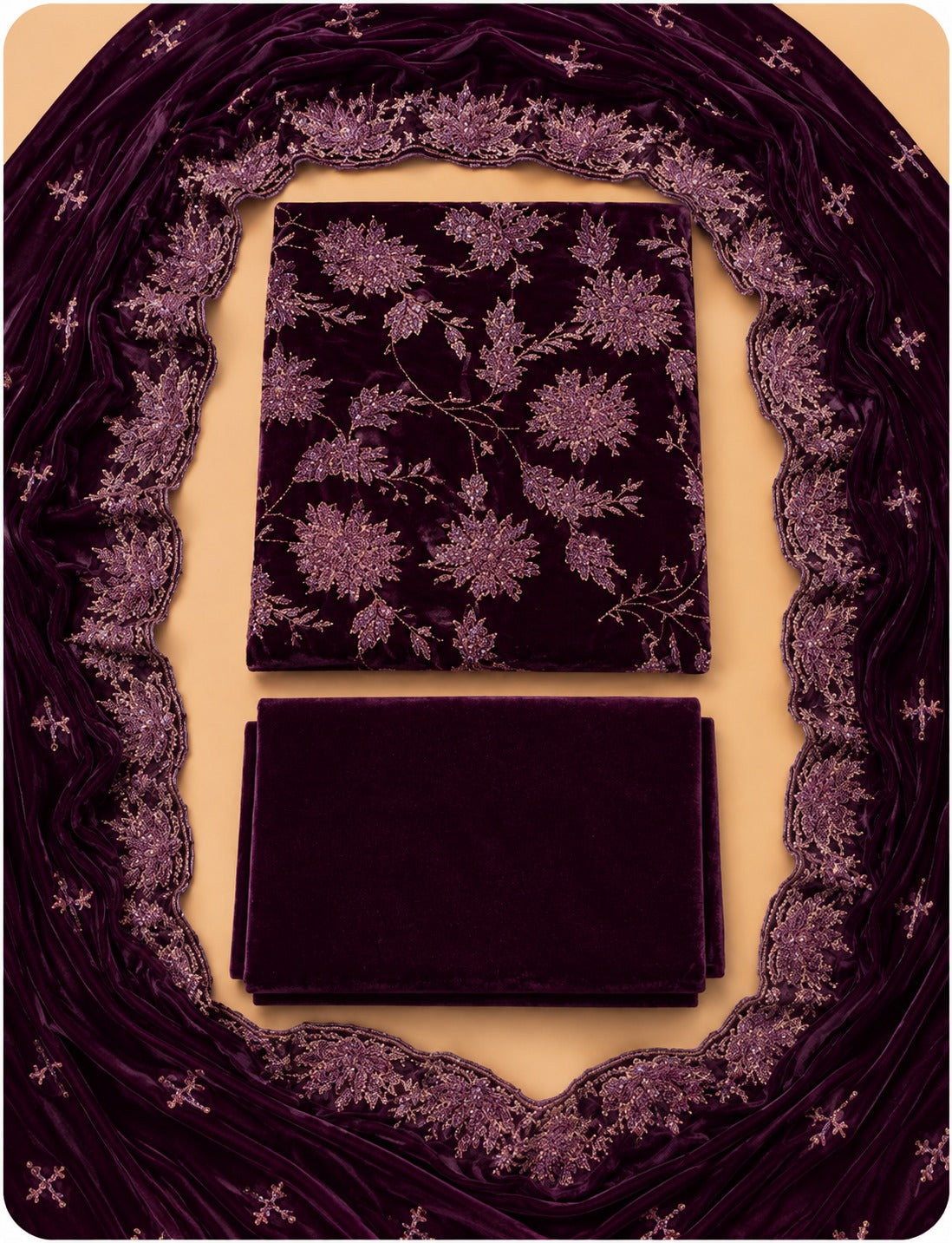 Deep Plum Embroidered Velvet 3 Piece Unstitched Suit