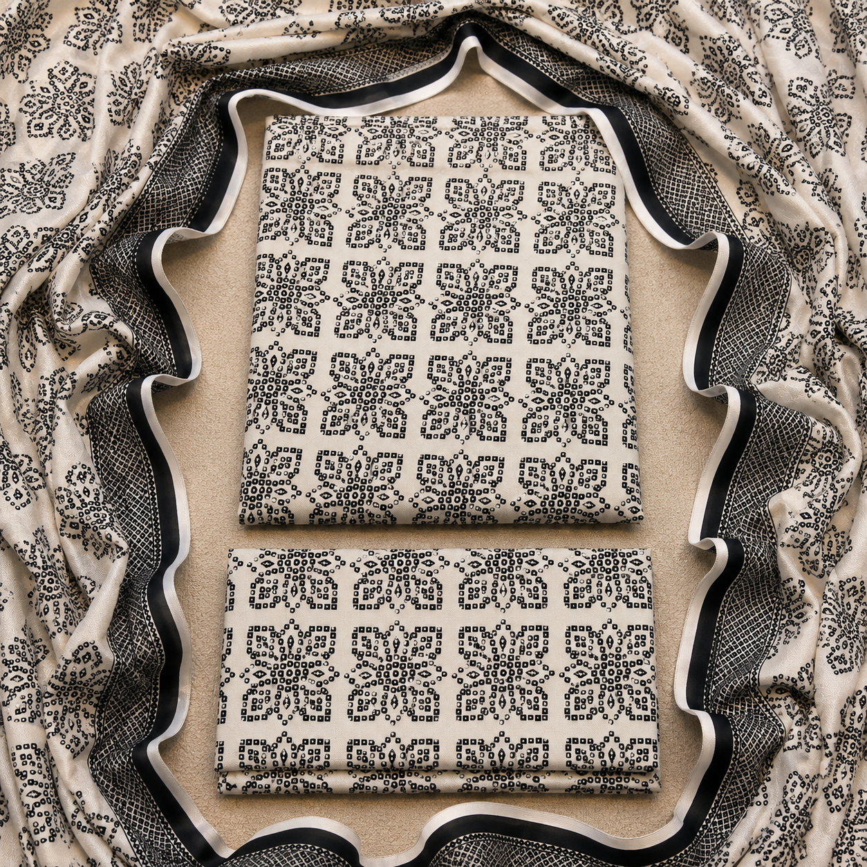 3 Piece Unstitched Printed Marina Suit – Classic Monochrome
