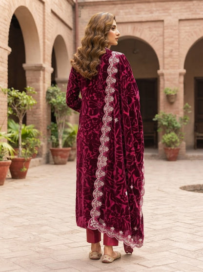 Deep Magenta Embroidered 3 Piece Unstitched Suit | Luxury Formal Wear