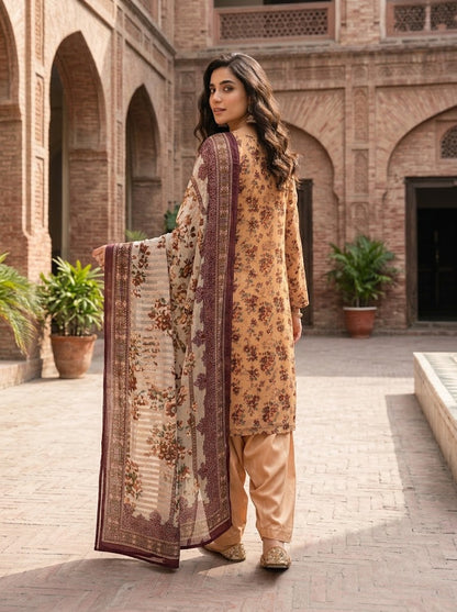 Peach Floral Barosha Silk 3-Piece Unstitched Suit | Sale