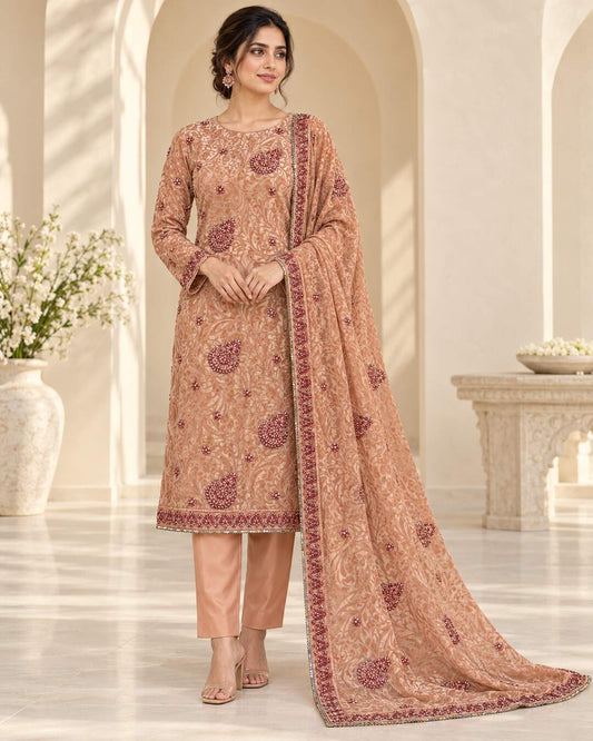 Apricot Peach Burgundy Embroidered Palachi suit front view