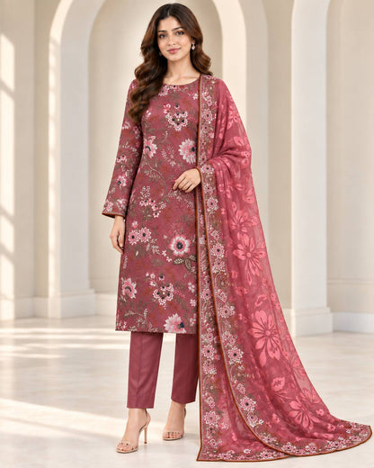 Berry Rose Embroidered Ambose Silk Suit - three quarter