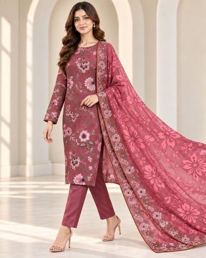 Berry Rose Embroidered Ambose Silk Suit - walking pose
