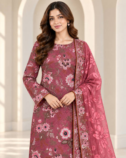 Berry Rose Embroidered Ambose Silk Suit - embroidery close-up
