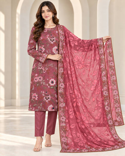 Berry Rose Embroidered Ambose Silk Suit - Silk Barosha dupatta