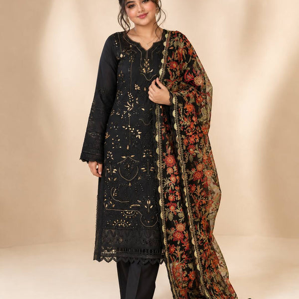 Black Embroidered Chiffon Suit - Front Hero