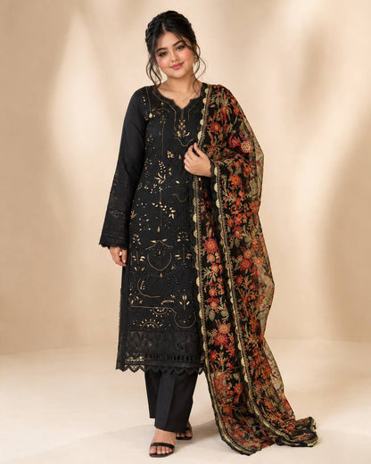 Black Embroidered Chiffon Suit - Front Hero
