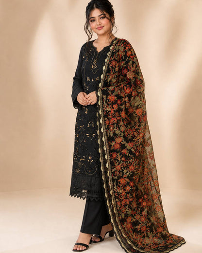 Black Embroidered Chiffon Suit - Three Quarter