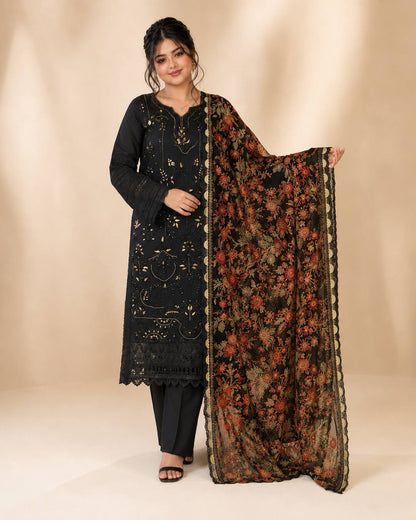 Black Embroidered Chiffon Suit - Standing View