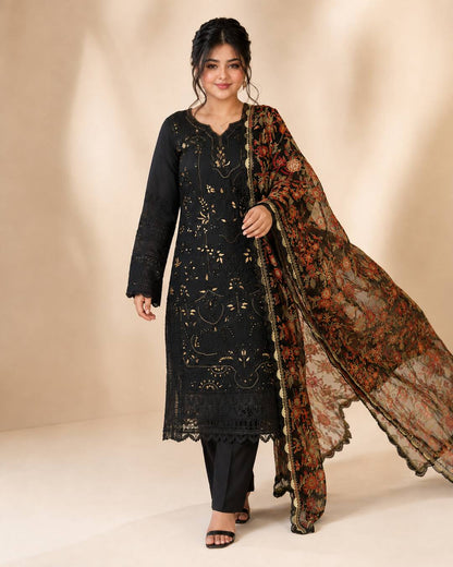 Black Embroidered Chiffon Suit - Walking View