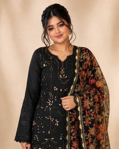 Black Embroidered Chiffon Suit - Embroidery Detail