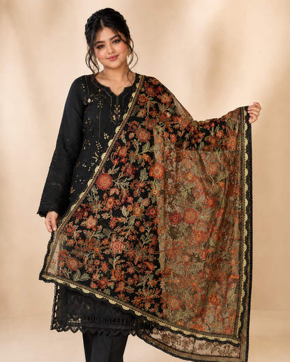 Black Embroidered Chiffon Suit - Floral Dupatta Detail