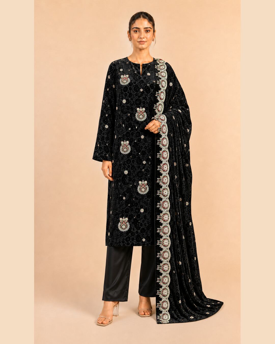 Black Embroidered Palachi Suit front view