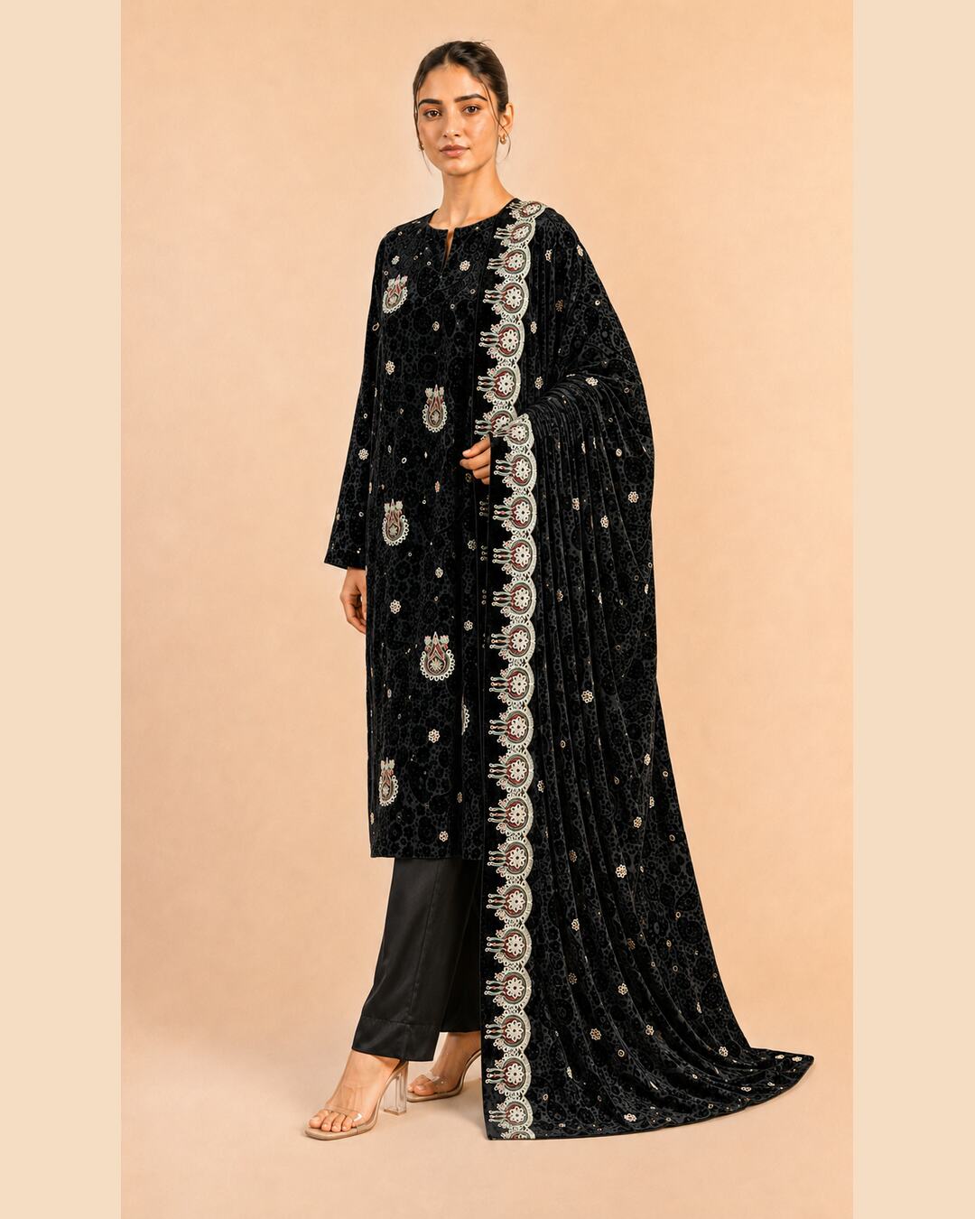 Black Embroidered Palachi Suit three-quarter view
