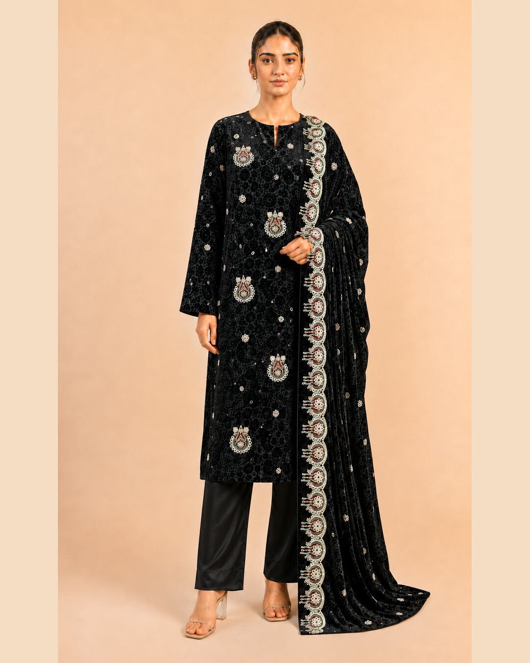 Black Embroidered Palachi Suit standing view