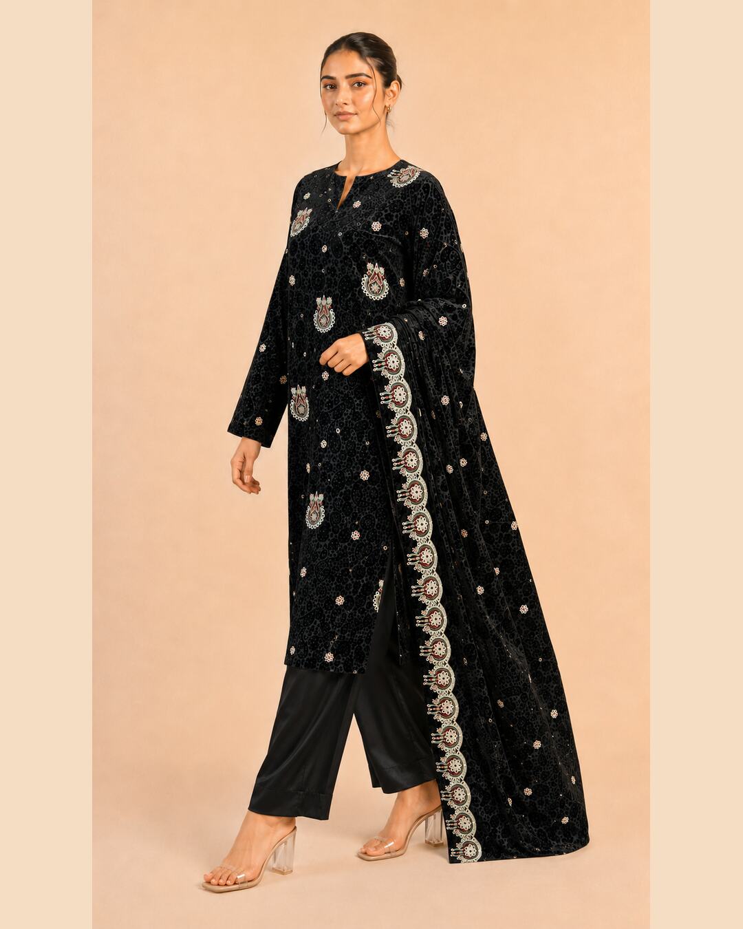 Black Embroidered Palachi Suit walking view