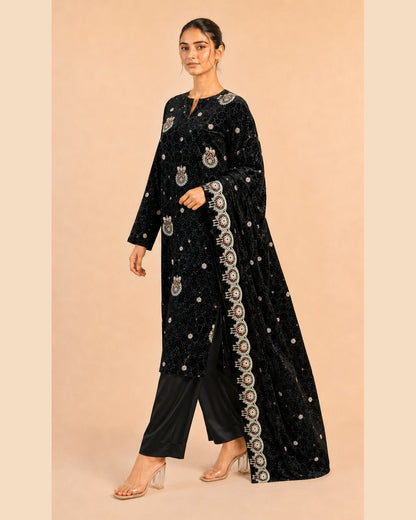 Black Embroidered Palachi Suit walking view