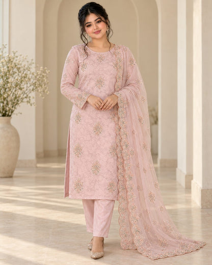 Blush Pink Ambose Silk 3-Piece Unstitched Suit - front view