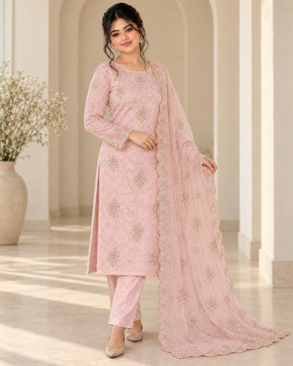 Blush Pink Ambose Silk 3-Piece Unstitched Suit - three-quarter view