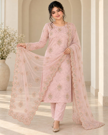 Blush Pink Ambose Silk 3-Piece Unstitched Suit - dupatta display