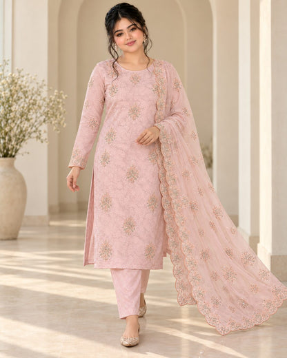 Blush Pink Ambose Silk 3-Piece Unstitched Suit - walking view