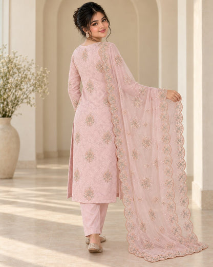 Blush Pink Ambose Silk 3-Piece Unstitched Suit - rear three-quarter view