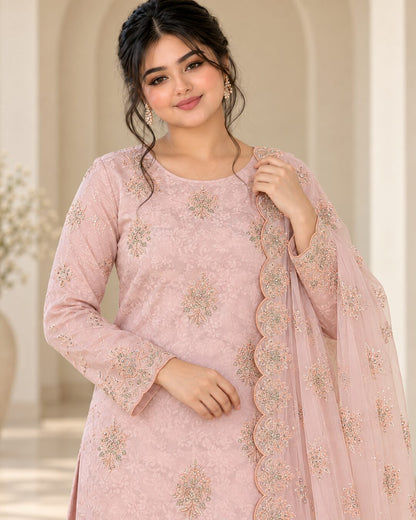 Blush Pink Ambose Silk 3-Piece Unstitched Suit - embroidery detail